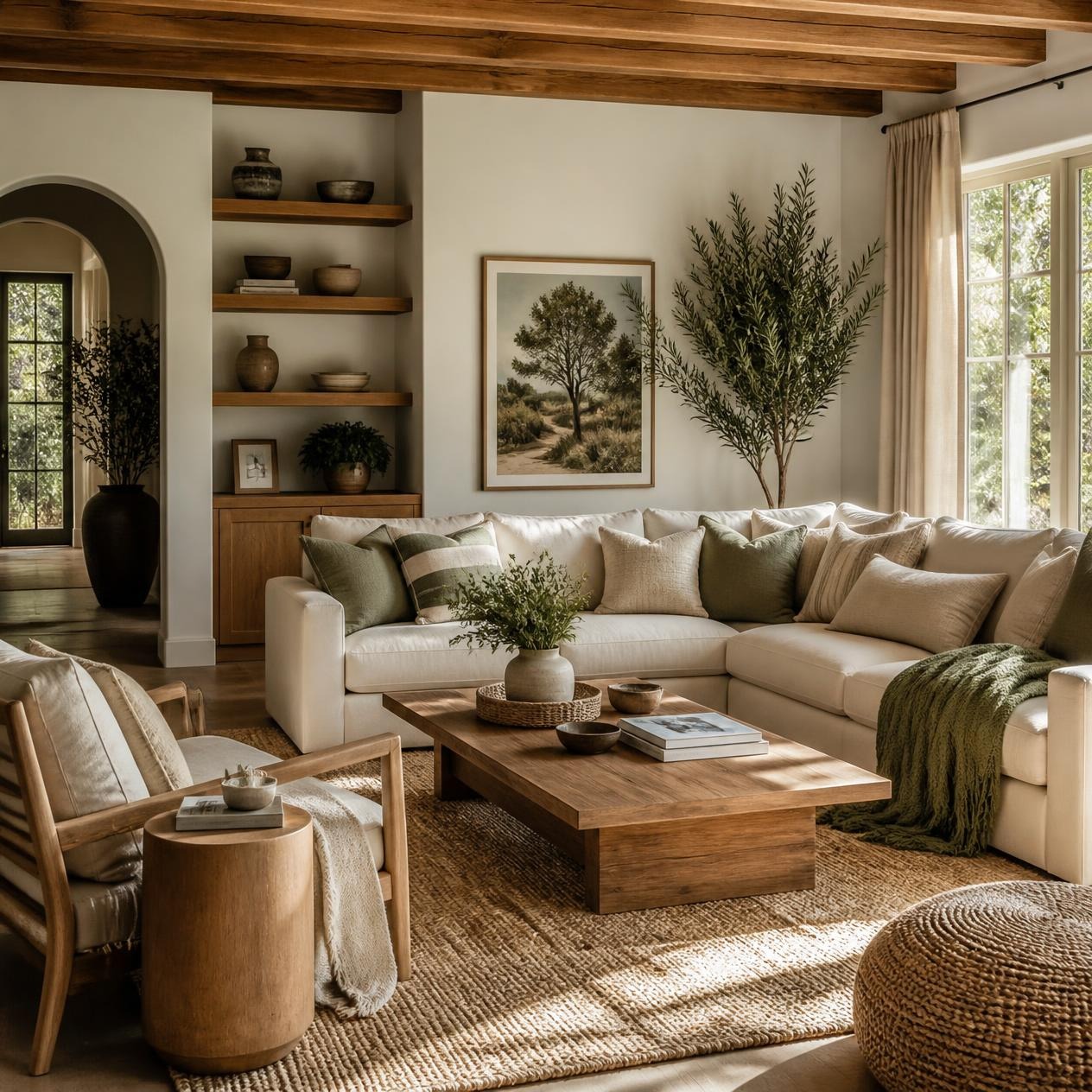 Cozy living room with a cream sofa, natural wood furniture, greenery, and warm natural light.